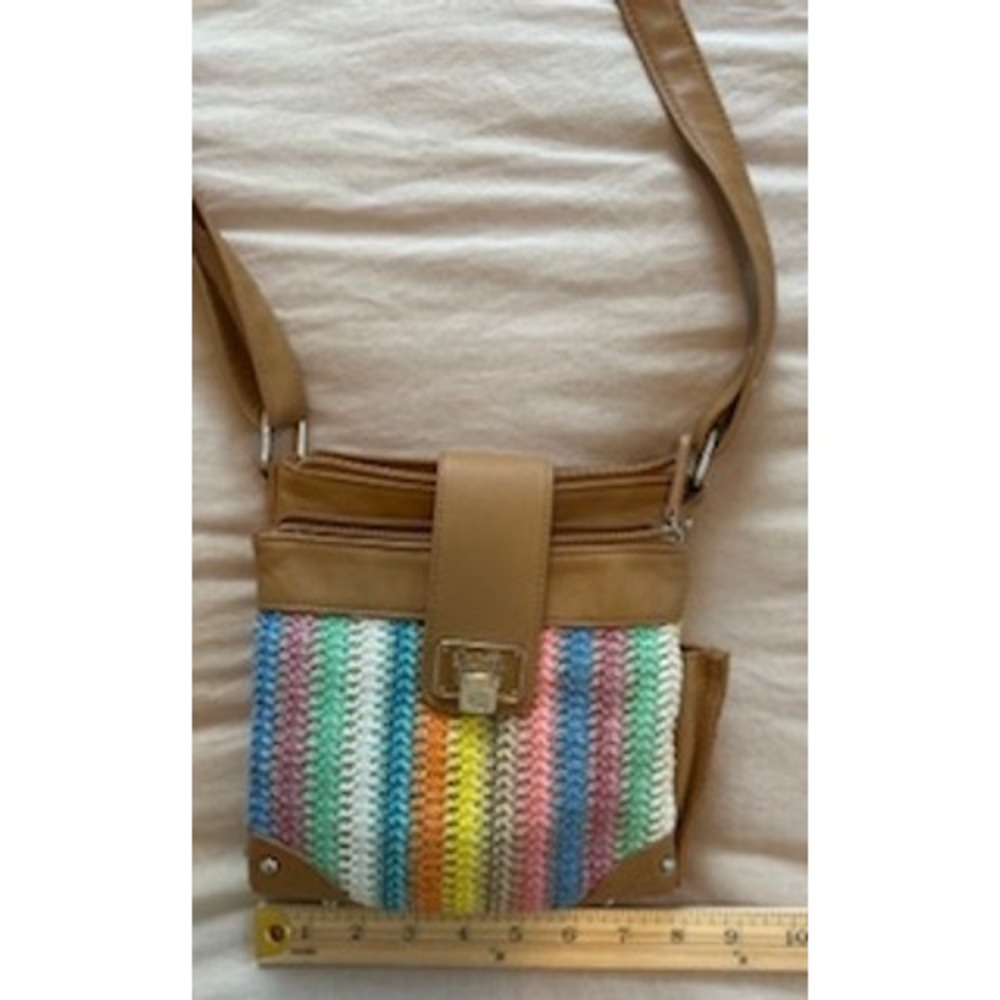 Rosetti Multi Color Striped Woven Crossbody Bag Tan Organizer Purse